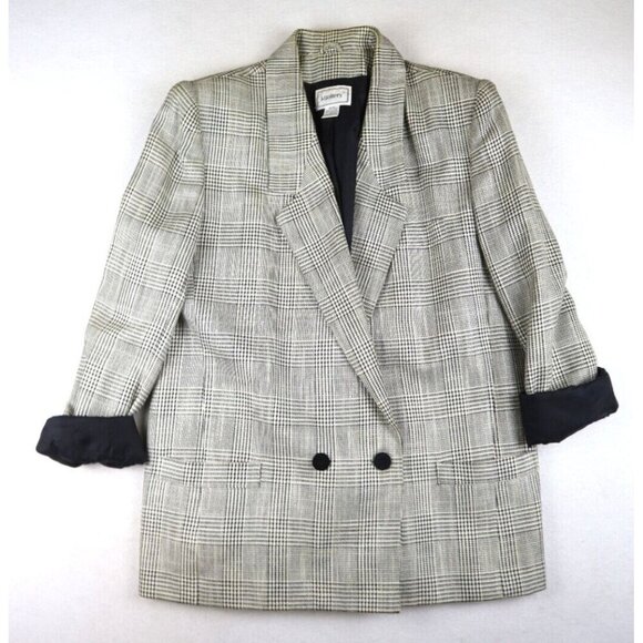 J. GALLERY - VINTAGE WOMEN'S BLACK WHITE PLAID OVERSIZED BLAZER JACKET - 15/16 - Picture 2 of 8